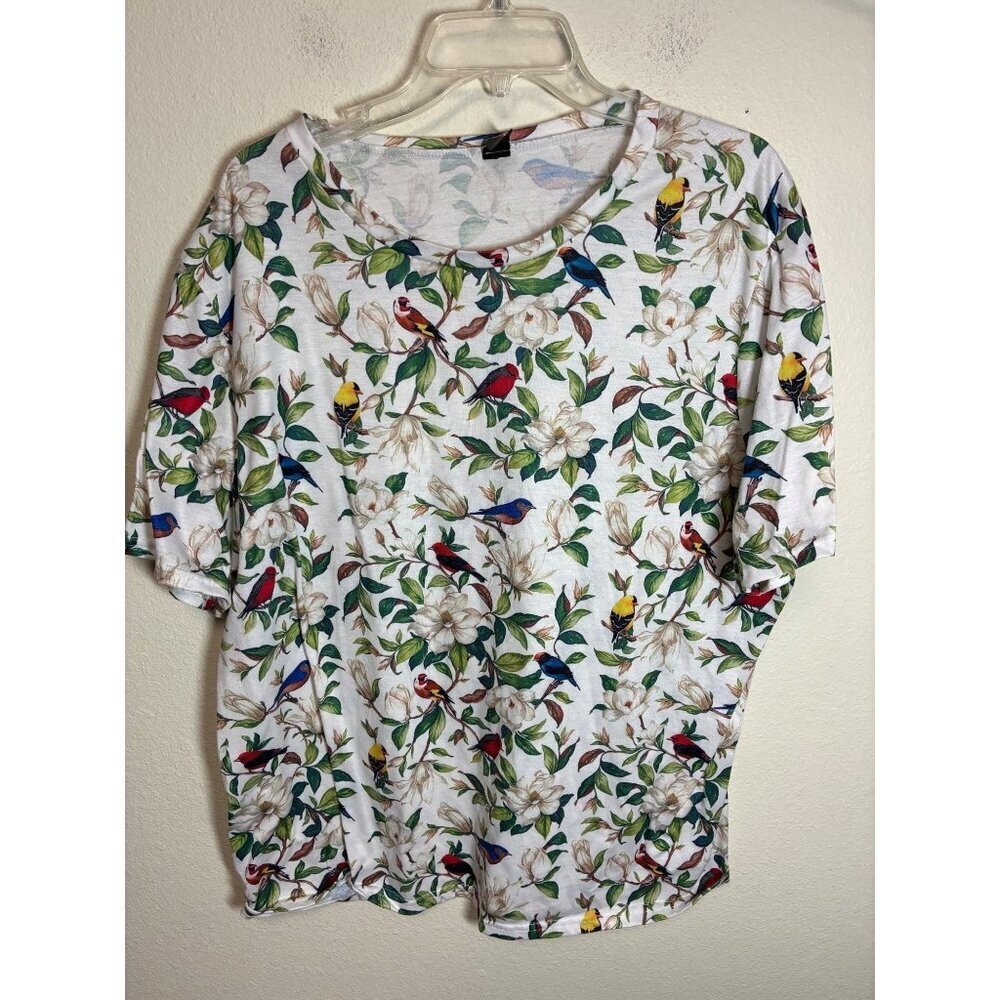 Bird Print T-Shirt Boho Granny Floral Short Sleeve Size 3XL